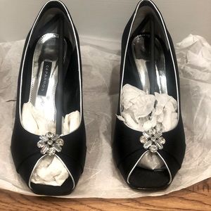 Open toe Black satin kitten heels